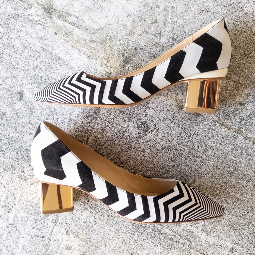 Nicholas Kirkwood Black and White Chevron‎ Suede and Leather Kitten Heel Pumps